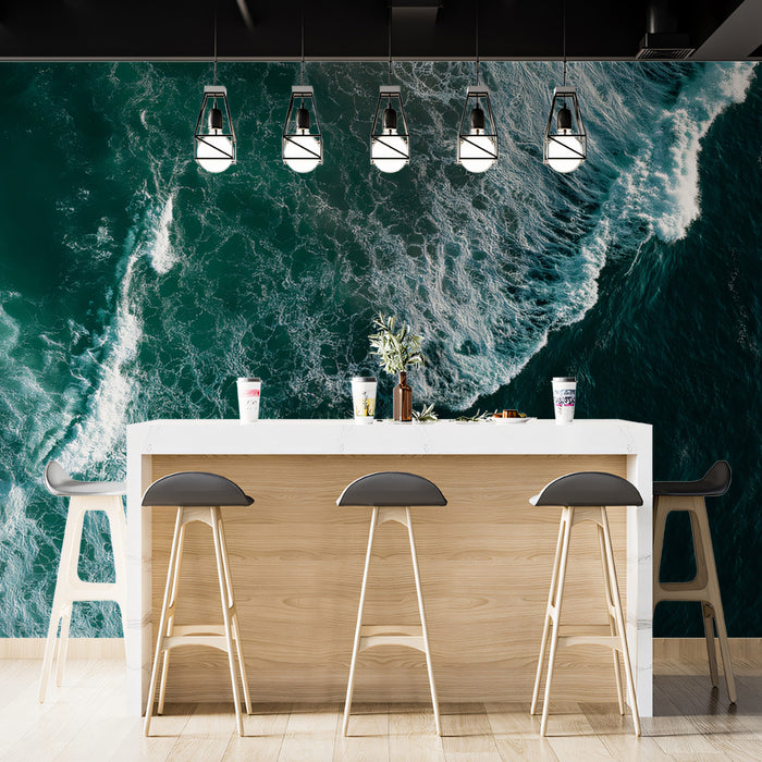 Deep Ocean Surf Aerial Mural Wallpaper | Dark Teal and White Foam, High-Contrast Texture, Powerful Motion