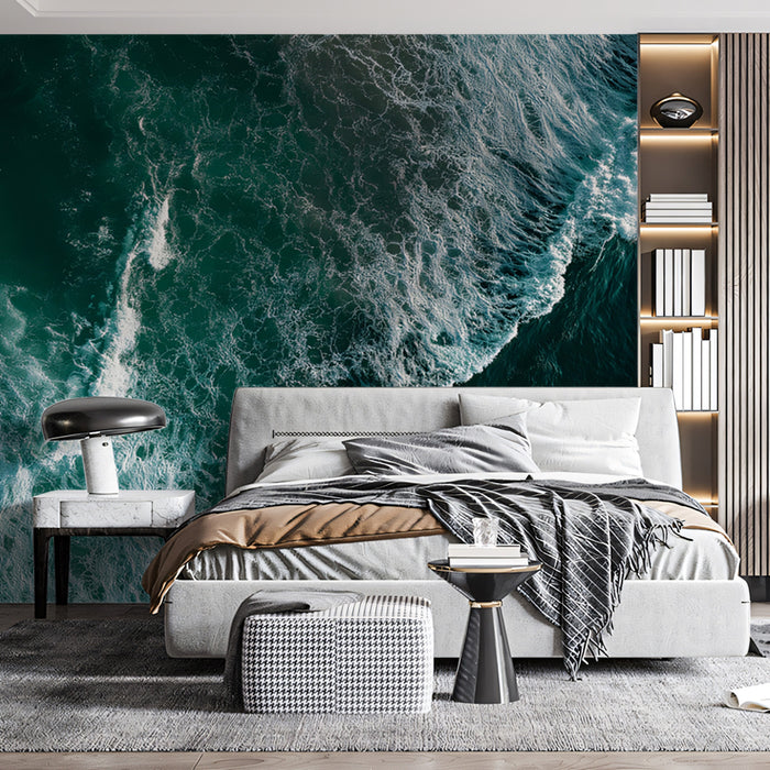 Deep Ocean Surf Aerial Mural Wallpaper | Dark Teal and White Foam, High-Contrast Texture, Powerful Motion