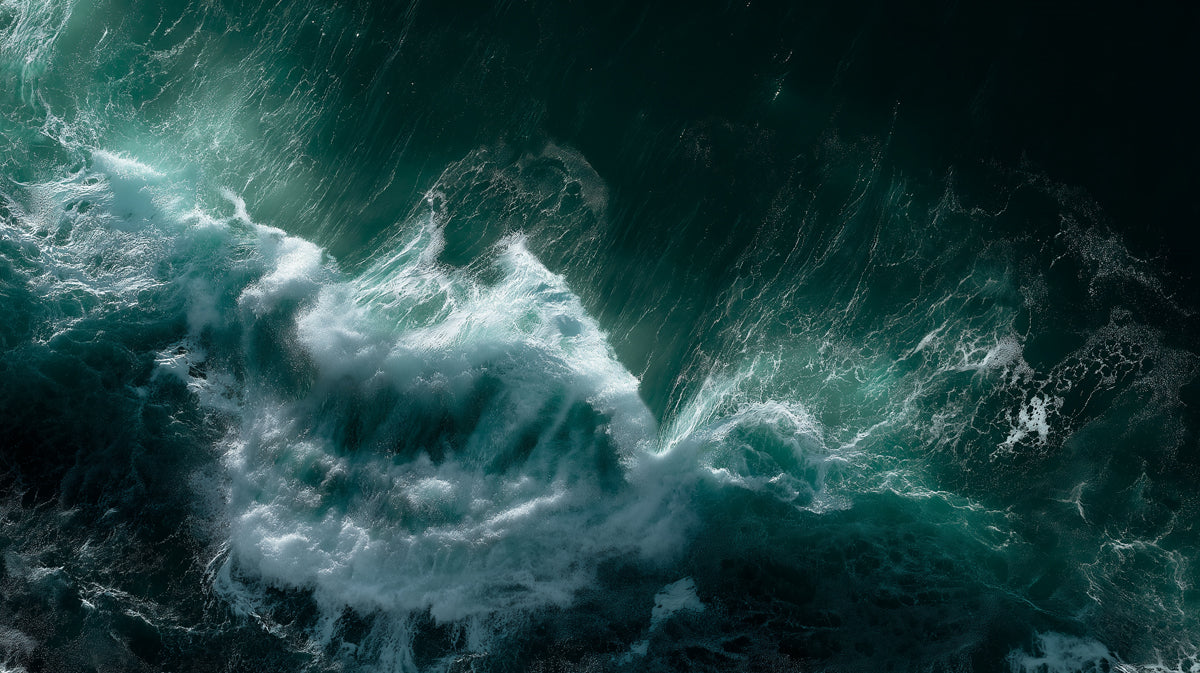 Turbulent Deep Sea Aerial Mural Wallpaper | Dark Teal and White Contrast, Wave Swirls, Intense Texture