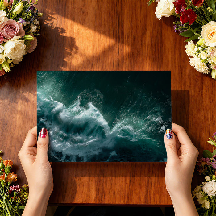 Turbulent Deep Sea Aerial Mural Wallpaper | Dark Teal and White Contrast, Wave Swirls, Intense Texture