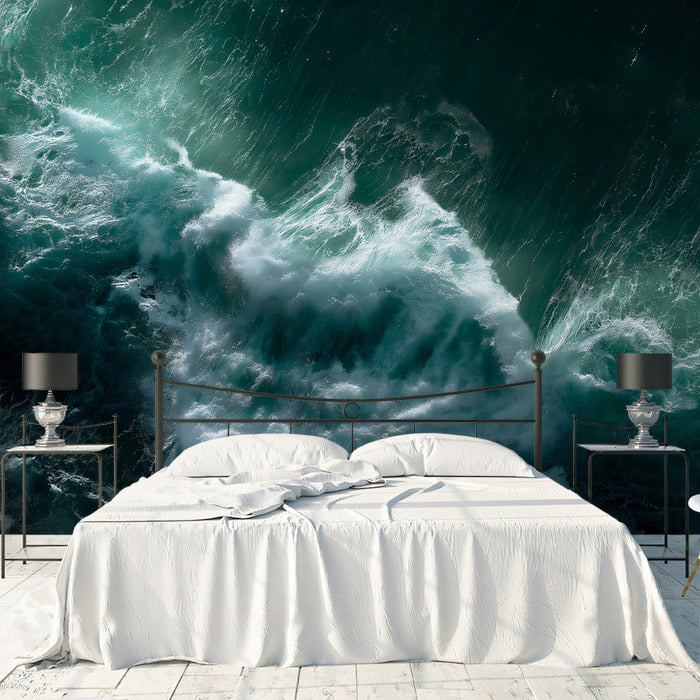 Turbulent Deep Sea Aerial Mural Wallpaper | Dark Teal and White Contrast, Wave Swirls, Intense Texture