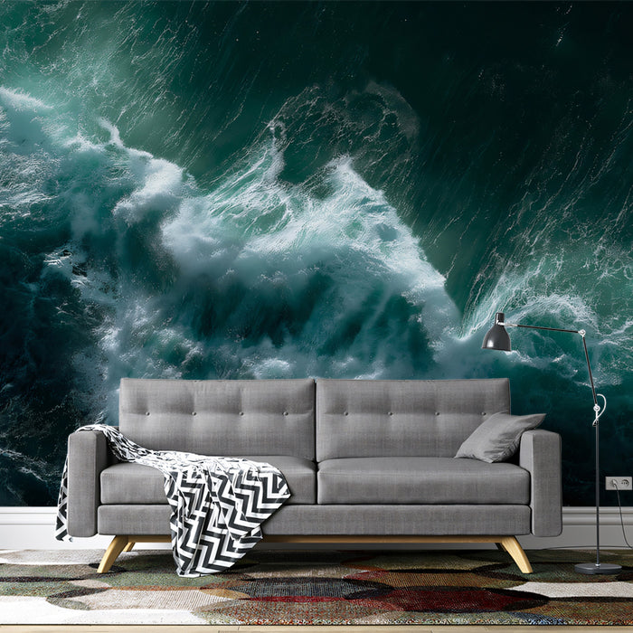 Turbulent Deep Sea Aerial Mural Wallpaper | Dark Teal and White Contrast, Wave Swirls, Intense Texture