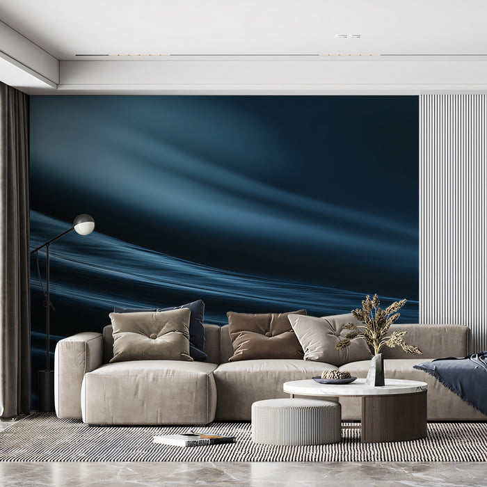 Abstract Silk Flow Mural Wallpaper | Dark Navy Blue, Fluid Motion, Luminous Curve Texture