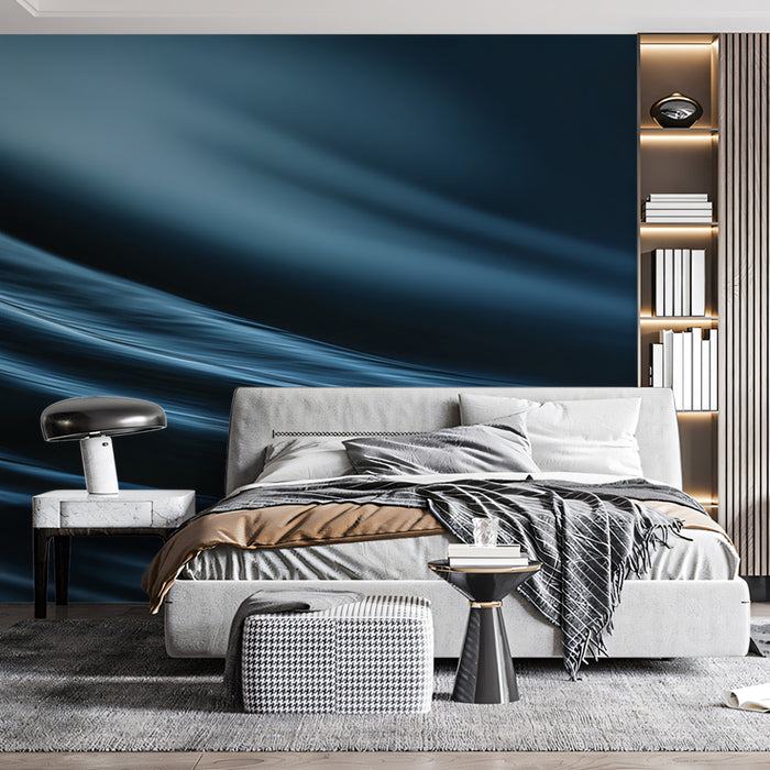 Abstract Silk Flow Mural Wallpaper | Dark Navy Blue, Fluid Motion, Luminous Curve Texture