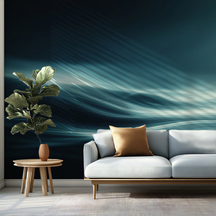 Digital Flow Ocean Wave Mural Wallpaper | Abstract Lines, Neon Glow Effect, Dark Cyber Seascape