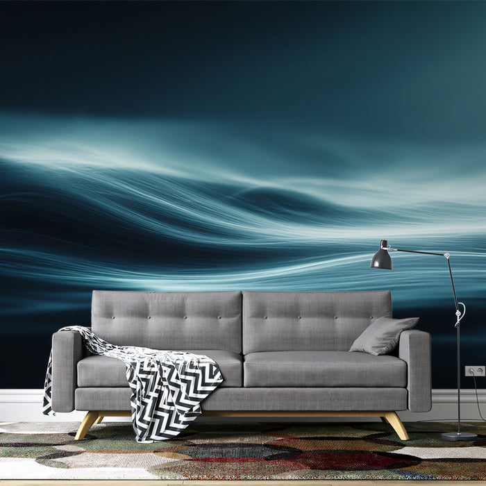 Digital Flow Ocean Wave Mural Wallpaper | Abstract Lines, Neon Glow Effect, Dark Cyber Seascape