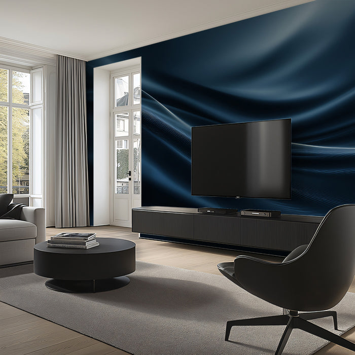 Abstract Blue Wave Fabric Mural Wallpaper | Dark Monochrome, Gentle Motion, Smooth Curve Texture
