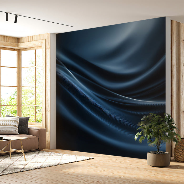 Abstract Blue Wave Fabric Mural Wallpaper | Dark Monochrome, Gentle Motion, Smooth Curve Texture