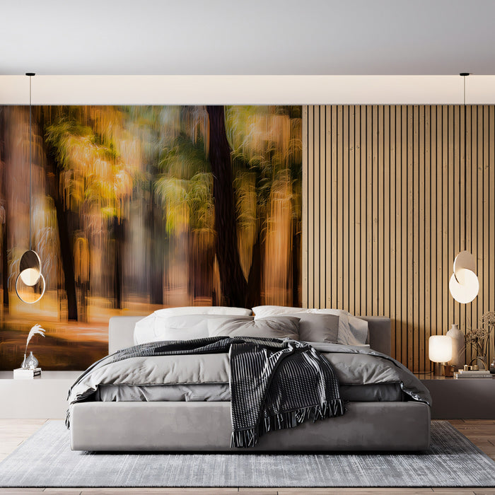 Abstract Autumn Forest Blur Mural Wallpaper | Motion Blur Photography, Warm Orange and Green, Ethereal Woods