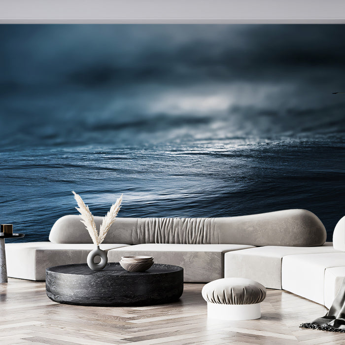 Luminous Dark Water Surface Mural Wallpaper | Abstract Liquid Flow, Blue and Black, High-Contrast Texture