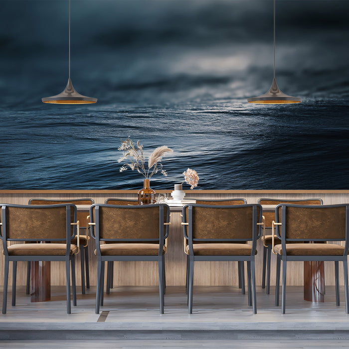 Luminous Dark Water Surface Mural Wallpaper | Abstract Liquid Flow, Blue and Black, High-Contrast Texture