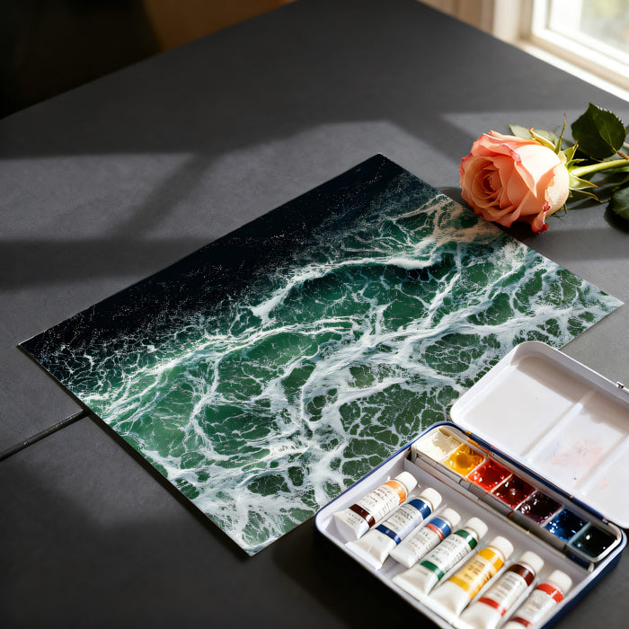 Turbulent Aqua Ocean Foam Mural Wallpaper | Aerial View, High-Contrast Texture, Powerful Wave Pattern