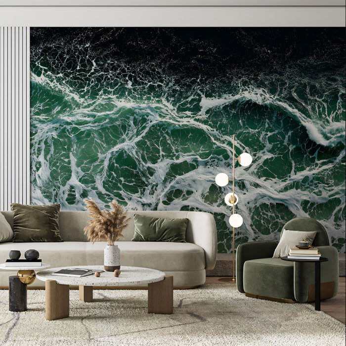 Turbulent Aqua Ocean Foam Mural Wallpaper | Aerial View, High-Contrast Texture, Powerful Wave Pattern