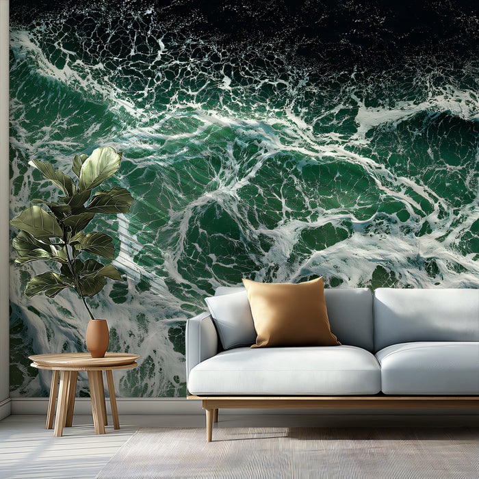 Turbulent Aqua Ocean Foam Mural Wallpaper | Aerial View, High-Contrast Texture, Powerful Wave Pattern