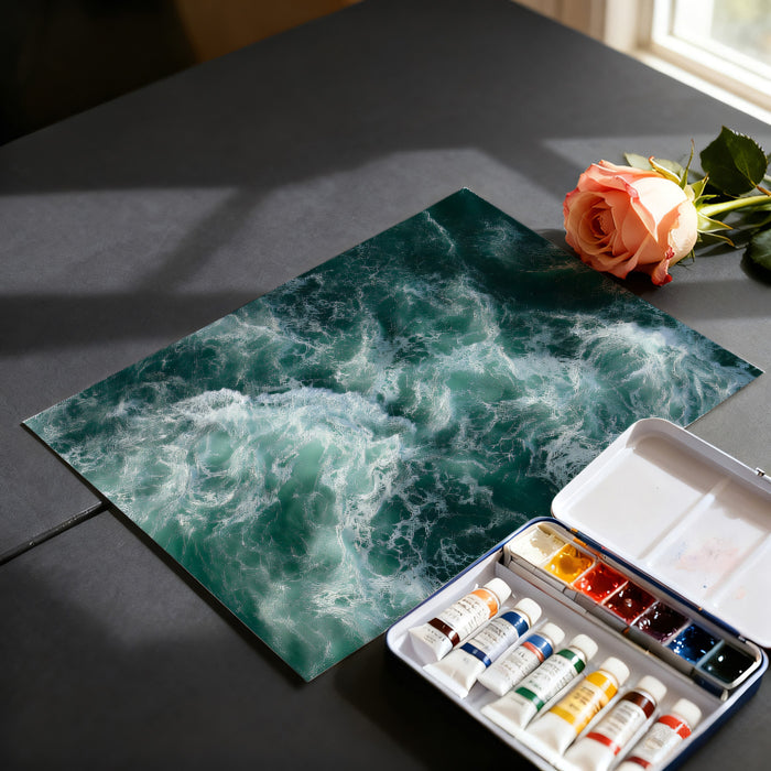 Dark Ocean Chaos Aerial Mural Wallpaper | Deep Teal and White Foam, Extreme Wave Texture, Moody Seascape