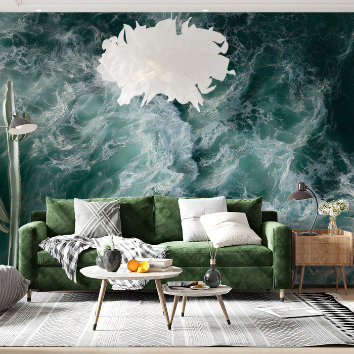 Dark Ocean Chaos Aerial Mural Wallpaper | Deep Teal and White Foam, Extreme Wave Texture, Moody Seascape