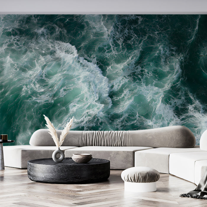 Dark Ocean Chaos Aerial Mural Wallpaper | Deep Teal and White Foam, Extreme Wave Texture, Moody Seascape