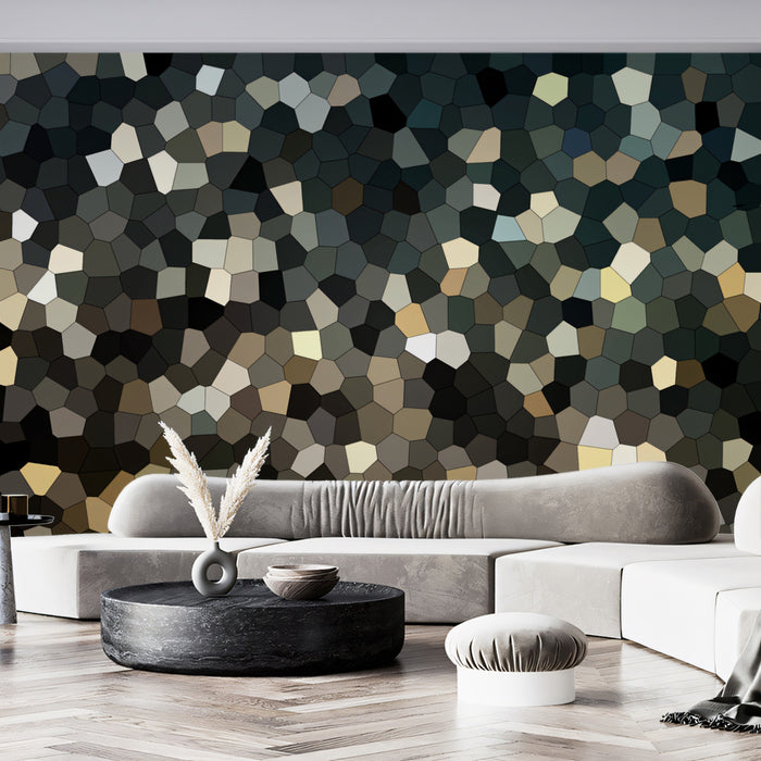 Abstract Geometric Mosaic Mural Wallpaper | Dark Tones, Polygonal Pattern, Subtle Gold and Gray Accents