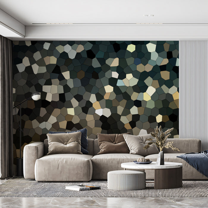 Abstract Geometric Mosaic Mural Wallpaper | Dark Tones, Polygonal Pattern, Subtle Gold and Gray Accents