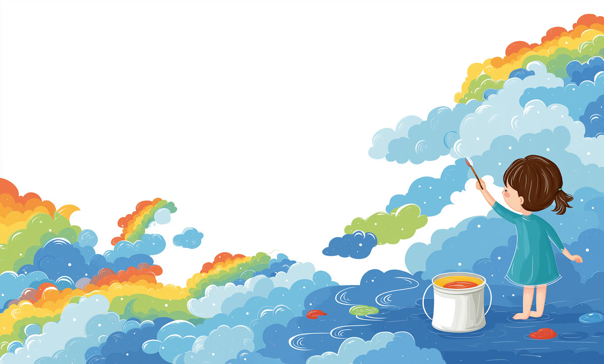 Cartoon Rainbow Painter Girl Mural Wallpaper | Whimsical Clouds, Vibrant Colors, Creative Children's Art