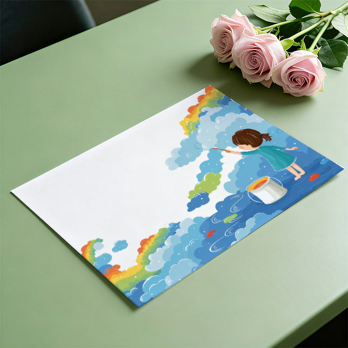 Cartoon Rainbow Painter Girl Mural Wallpaper | Whimsical Clouds, Vibrant Colors, Creative Children's Art