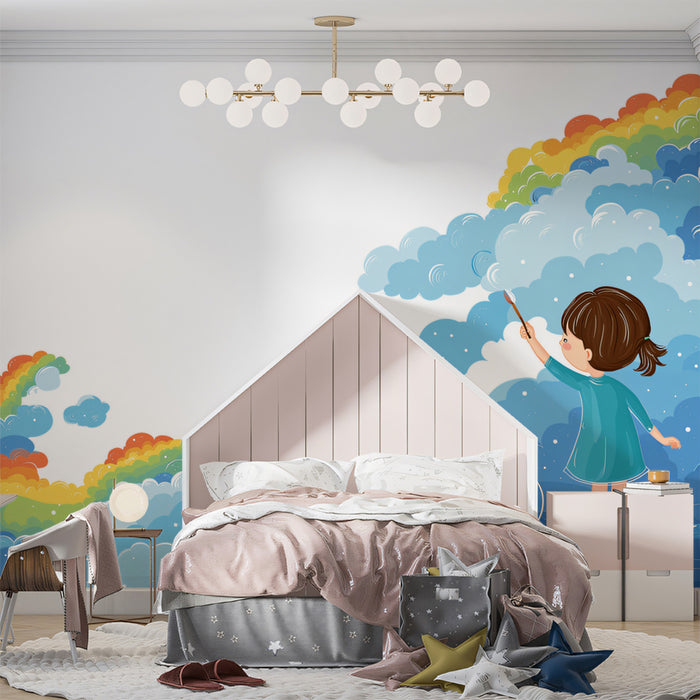 Cartoon Rainbow Painter Girl Mural Wallpaper | Whimsical Clouds, Vibrant Colors, Creative Children's Art