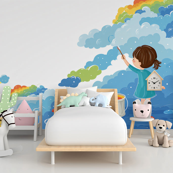 Cartoon Rainbow Painter Girl Mural Wallpaper | Whimsical Clouds, Vibrant Colors, Creative Children's Art