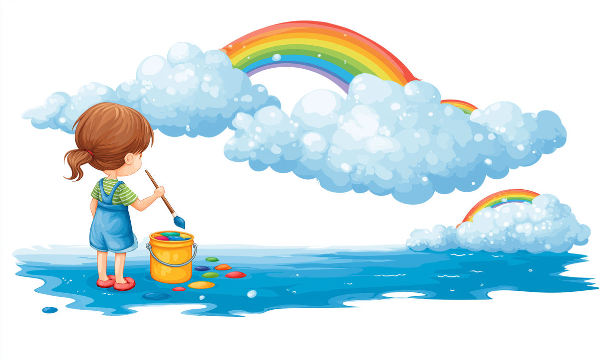 Cartoon Rainbow Creation Scene Mural Wallpaper | Whimsical Art, Fluffy Clouds, Children's Fantasy