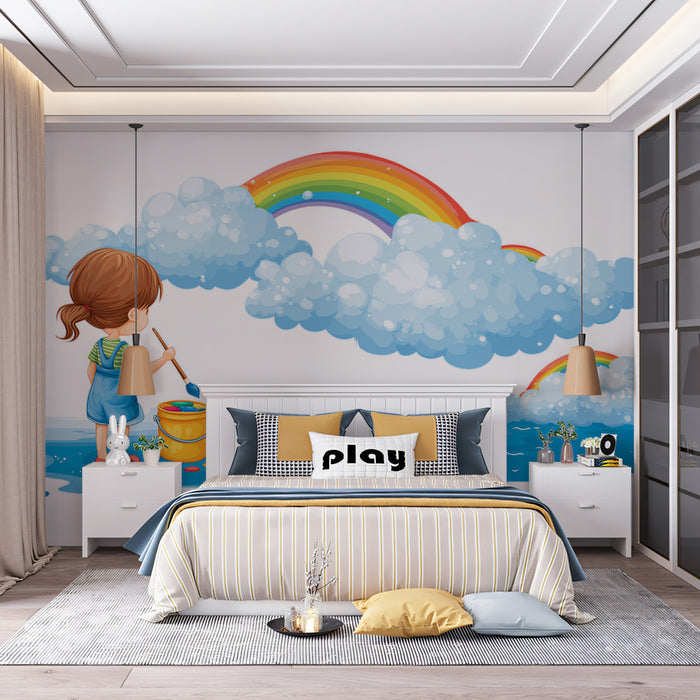 Cartoon Rainbow Creation Scene Mural Wallpaper | Whimsical Art, Fluffy Clouds, Children's Fantasy