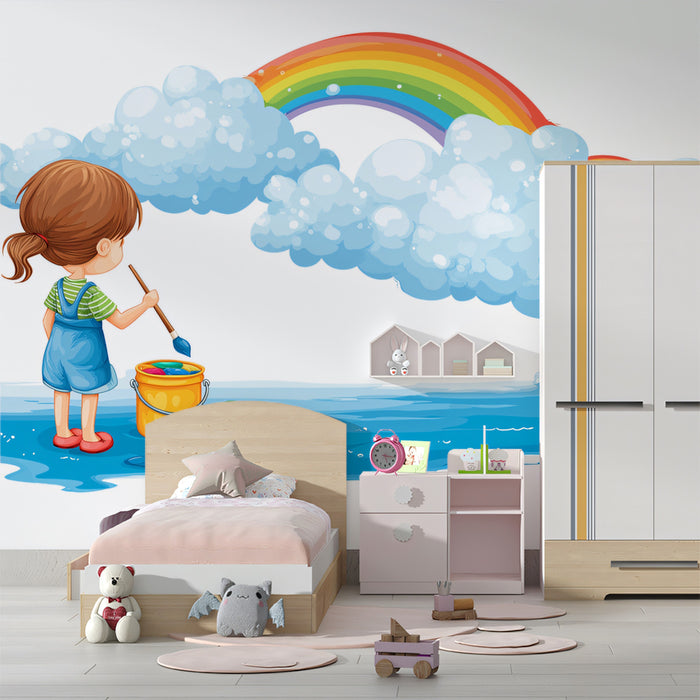 Cartoon Rainbow Creation Scene Mural Wallpaper | Whimsical Art, Fluffy Clouds, Children's Fantasy