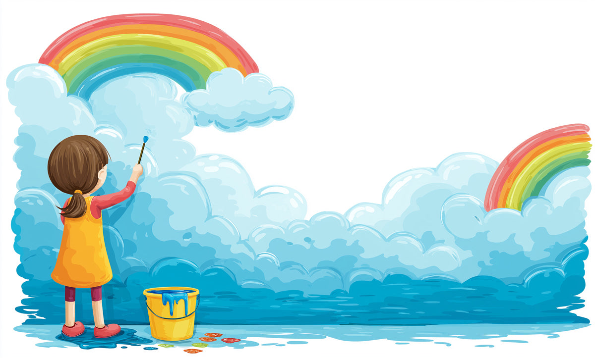 Child Painting Rainbow Clouds Mural Wallpaper | Cheerful Art, Vibrant Hues, Imagination Theme