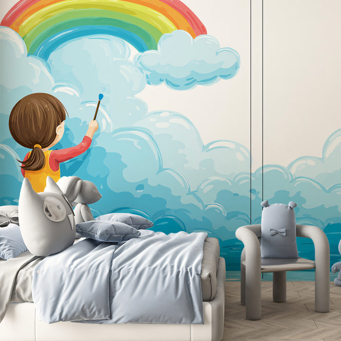 Child Painting Rainbow Clouds Mural Wallpaper | Cheerful Art, Vibrant Hues, Imagination Theme