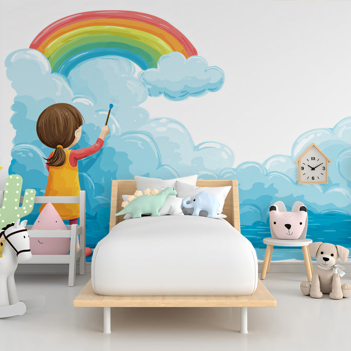 Child Painting Rainbow Clouds Mural Wallpaper | Cheerful Art, Vibrant Hues, Imagination Theme