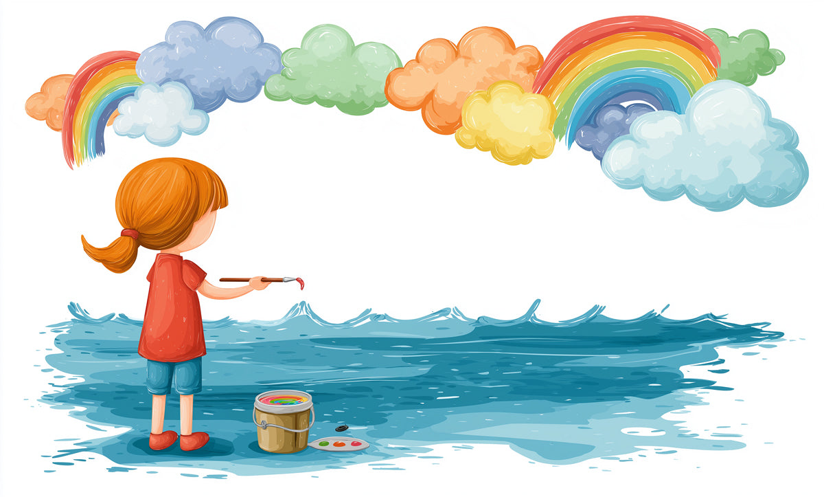 Child Painting Rainbow Over Water Mural Wallpaper | Whimsical Clouds, Vibrant Ocean, Imagination Art
