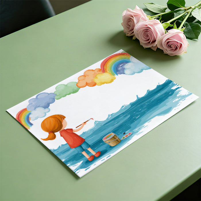 Child Painting Rainbow Over Water Mural Wallpaper | Whimsical Clouds, Vibrant Ocean, Imagination Art