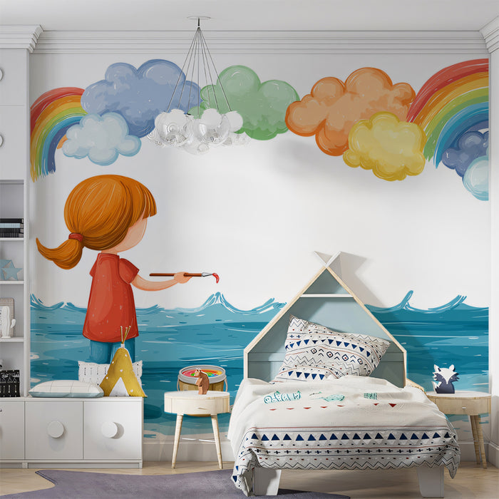 Child Painting Rainbow Over Water Mural Wallpaper | Whimsical Clouds, Vibrant Ocean, Imagination Art