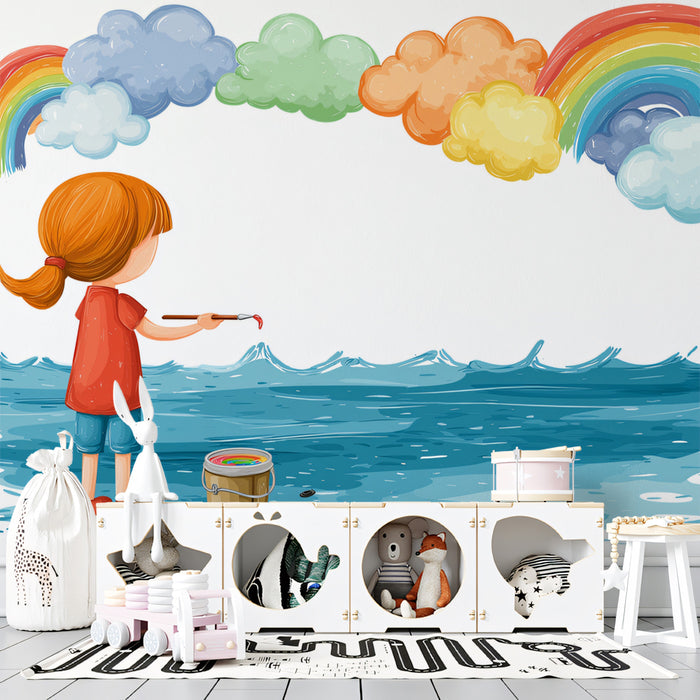Child Painting Rainbow Over Water Mural Wallpaper | Whimsical Clouds, Vibrant Ocean, Imagination Art