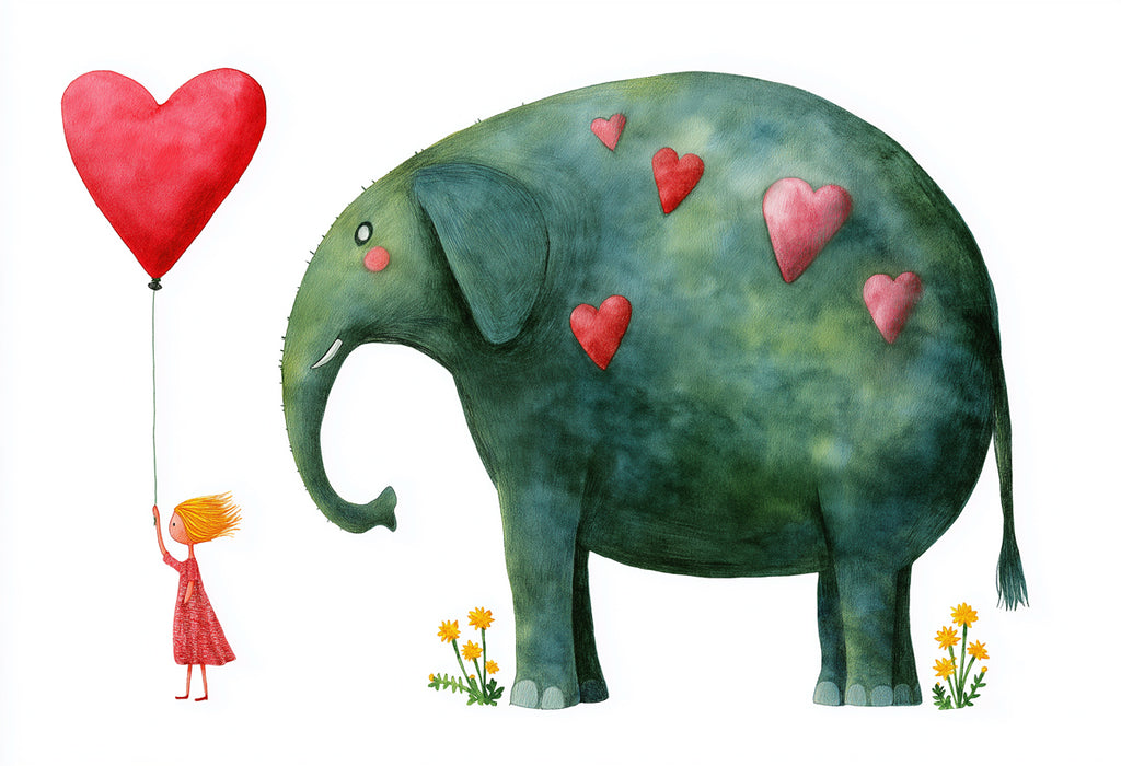 Watercolor Elephant and Girl Mural Wallpaper | Red Heart Balloon, Whimsical Illustration, Deep Green Texture