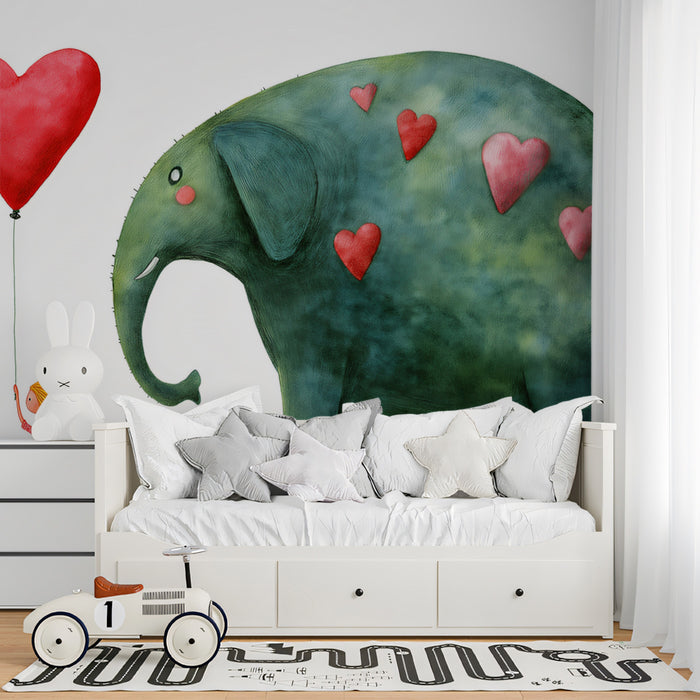Watercolor Elephant and Girl Mural Wallpaper | Red Heart Balloon, Whimsical Illustration, Deep Green Texture