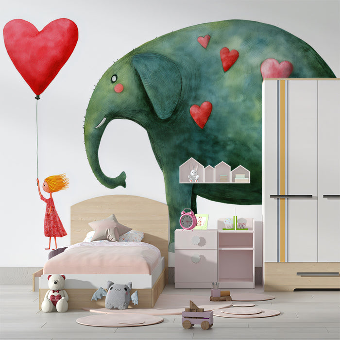 Watercolor Elephant and Girl Mural Wallpaper | Red Heart Balloon, Whimsical Illustration, Deep Green Texture