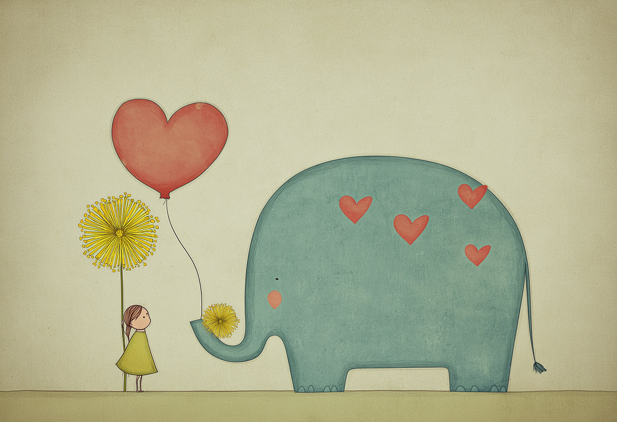 Minimalist Elephant and Girl Mural Wallpaper | Heart Motif, Dandelion Illustration, Serene Neutral Tone