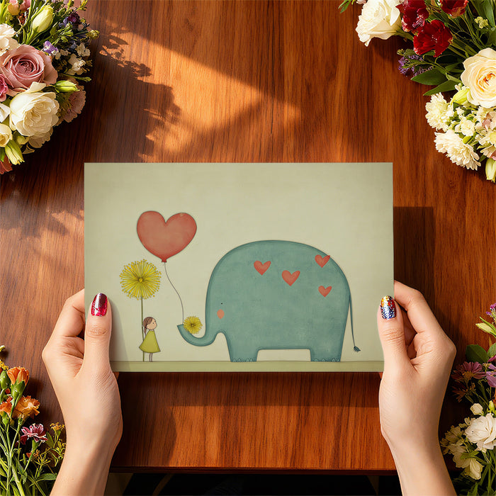 Minimalist Elephant and Girl Mural Wallpaper | Heart Motif, Dandelion Illustration, Serene Neutral Tone