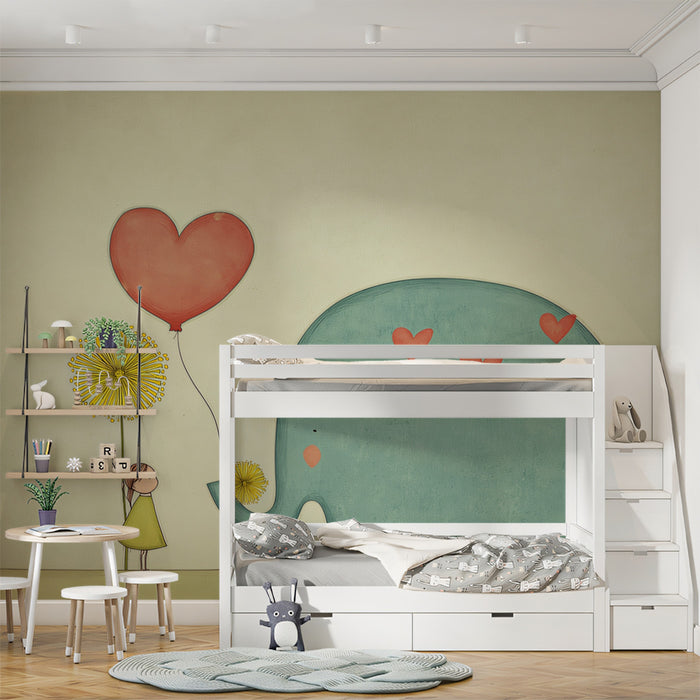 Minimalist Elephant and Girl Mural Wallpaper | Heart Motif, Dandelion Illustration, Serene Neutral Tone