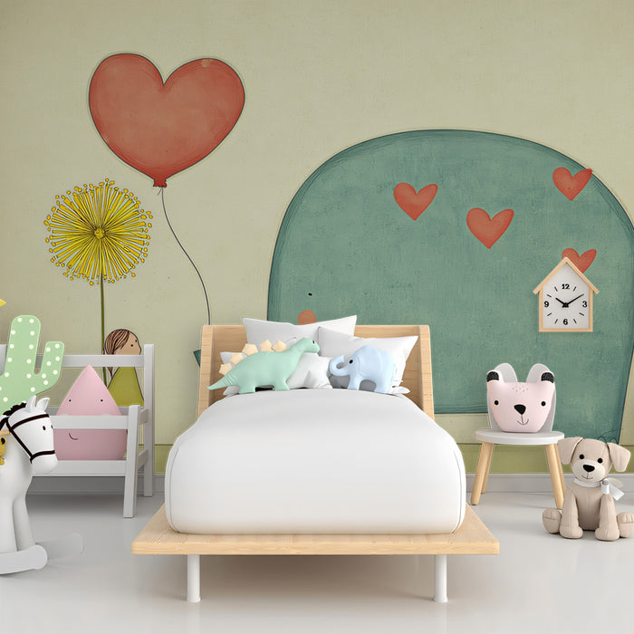 Minimalist Elephant and Girl Mural Wallpaper | Heart Motif, Dandelion Illustration, Serene Neutral Tone