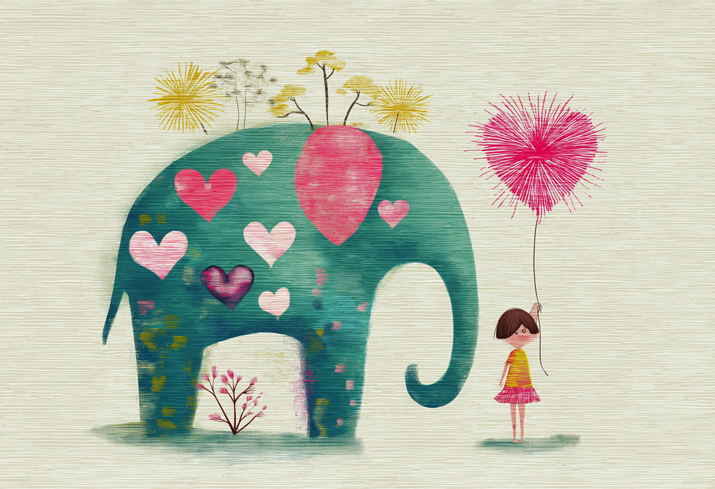 Textured Folk Art Elephant Mural Wallpaper | Pink and Teal, Layered Hearts, Whimsical Botanical Motif