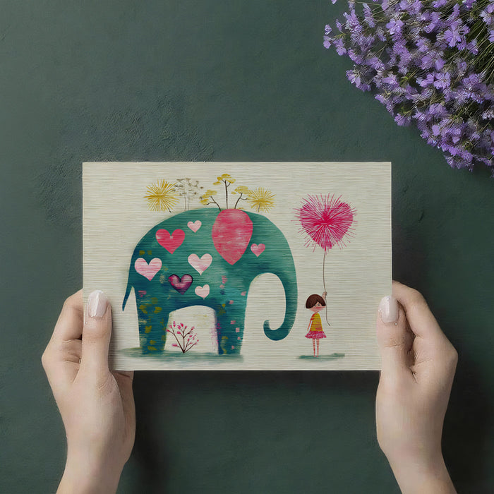 Textured Folk Art Elephant Mural Wallpaper | Pink and Teal, Layered Hearts, Whimsical Botanical Motif