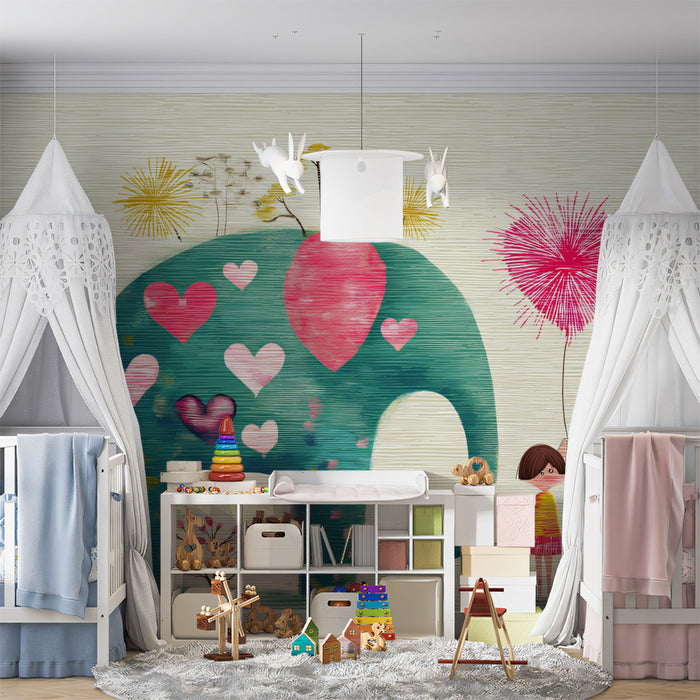 Textured Folk Art Elephant Mural Wallpaper | Pink and Teal, Layered Hearts, Whimsical Botanical Motif