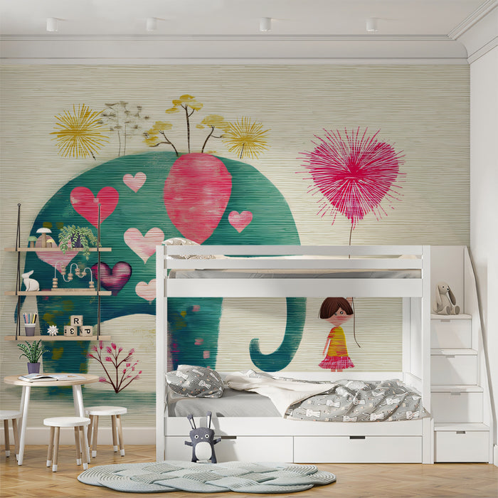 Textured Folk Art Elephant Mural Wallpaper | Pink and Teal, Layered Hearts, Whimsical Botanical Motif