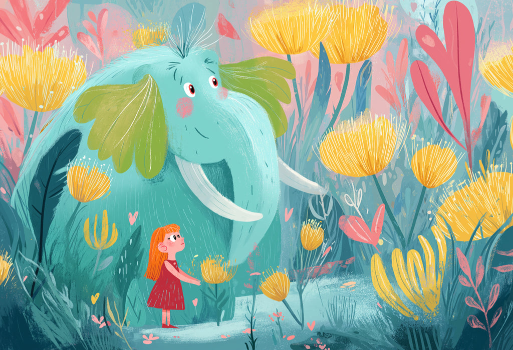 Magical Forest Elephant Illustration Mural Wallpaper | Pastel Hues, Oversized Flora, Ethereal Kids' Art