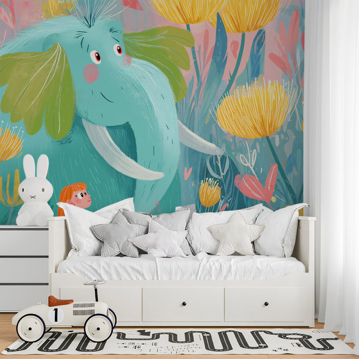 Magical Forest Elephant Illustration Mural Wallpaper | Pastel Hues, Oversized Flora, Ethereal Kids' Art